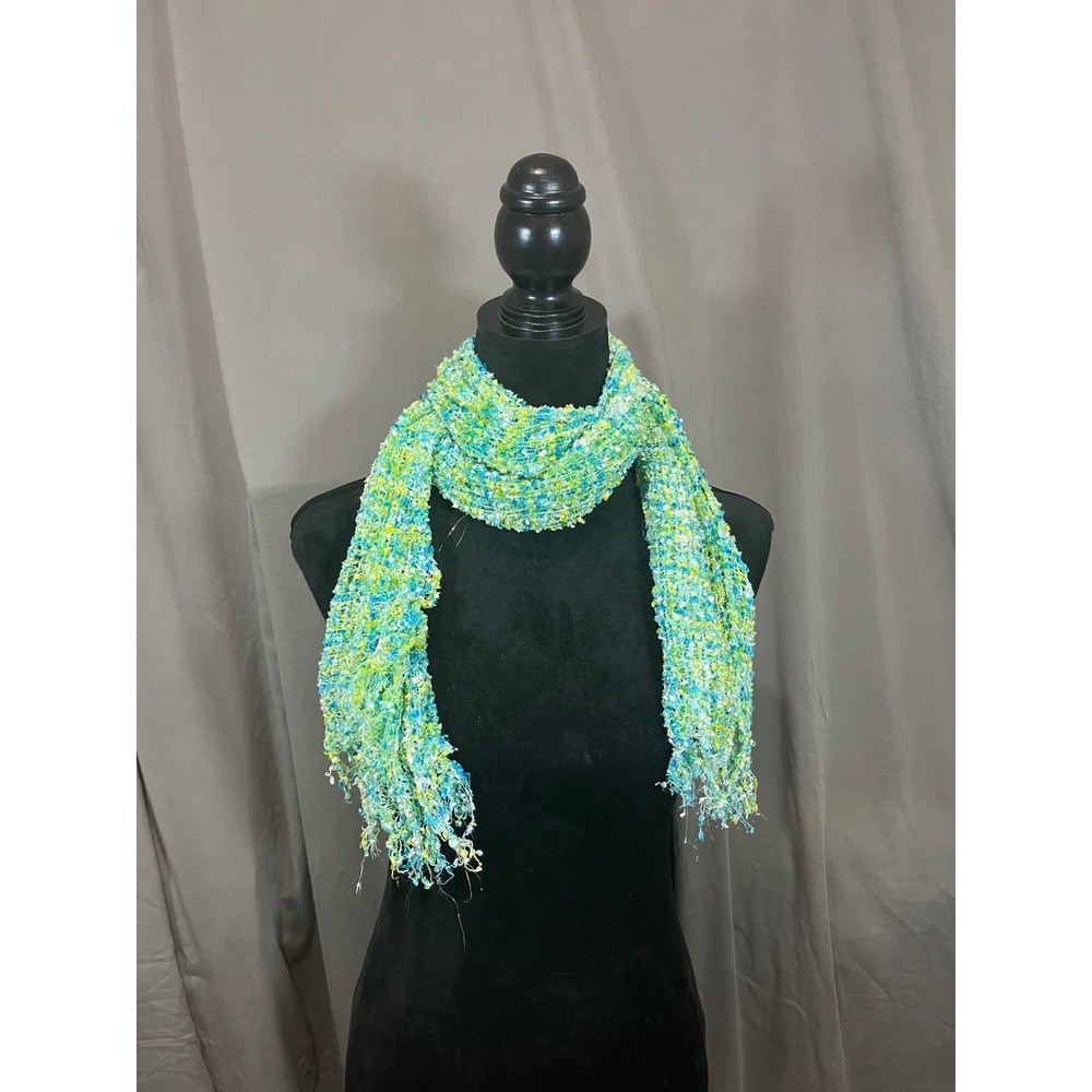 Unbranded Green Blue Yellow Multi Color Open‎ Knit Fringe Scarf Boho Confetti